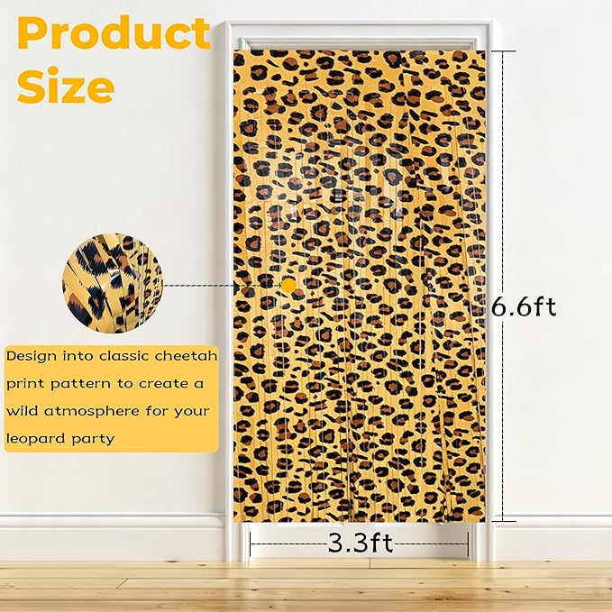 2 Pack Cheetah Print Birthday Decorations, Leopard Party Decorations, Jungle Safari Bachelorette Foil Backdrop 3.3×6.6ft Thickened Fringe Curtains for Photo Booth & Party Entrance