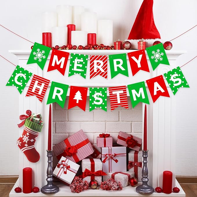 Pre-Strung Christmas Party Decorations – Merry Christmas Banner Indoor,Green Red Vintage Xmas Banner Decor Sign for Festive Holiday Home Party,Fireplace Mantel,Farmhouse,Wall,Window,Office