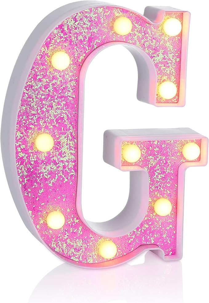 Foaky Pink Light up Letters，Pink Party Decorations,Girls Room Decor,Glitter Light Up Letters,Alphabet Letter Sign for Night Light Birthday Party Girls Gifts, Home Bar Decoration（G）