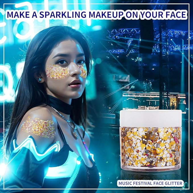 Gold Silver Glitter Gel,Holographic Chunky Singer Concert Body Glitter Rave Music Festival Accessories,Mardi Gras Sequins for Body Hair,Carnival Decorations Face Paint Makeup for Women Kids