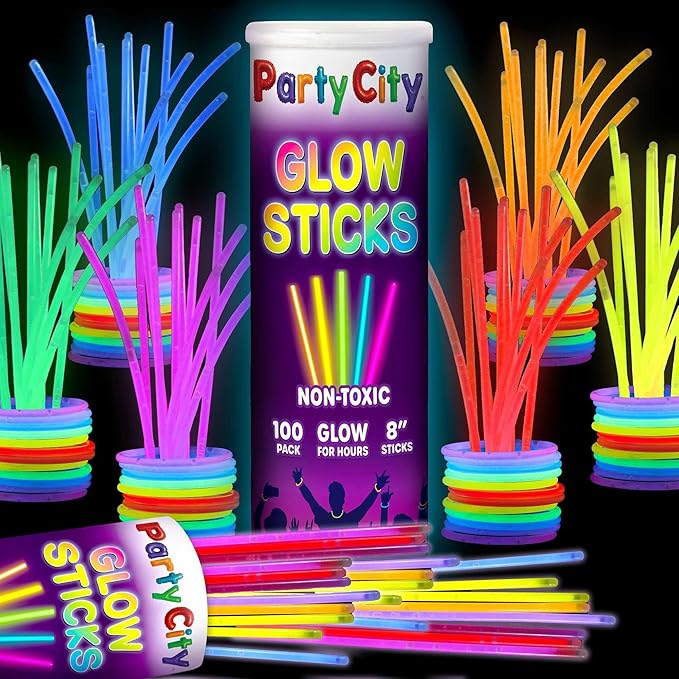 Party City 100 Glow Sticks Bulk Party Pack 8”– Neon Glow in the Dark Party Supplies, Glowsticks with Connectors Bracelets & Necklaces, Light Up Favors for Kids, Adults, Birthdays, Parties, Decorations