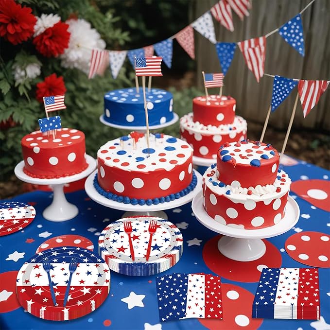 100 Pcs Patriotic Party Supplies Set, Serves 25 – Disposable Red White Blue Star Paper Plates, Napkins, and Forks, American Flag Themed Tableware for 4th of July, Memorial Day, Labor Day Decorations