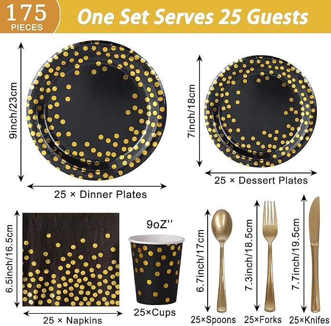 175 Pcs Black and Gold Party Supplies, Serves 25 Black Gold Foil Dot Disposable Dinner Tableware Set Gold Plastic Forks Spoons Knives Plates Napkins Cups Party Supplies for Birthday Wedding Graduation