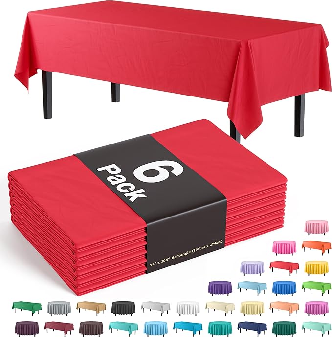 Party Solids Pack Of 6 Premium Plastic Tablecloth 54 Inch x 108 Inch Rectangle Plastic Table Cover - Red