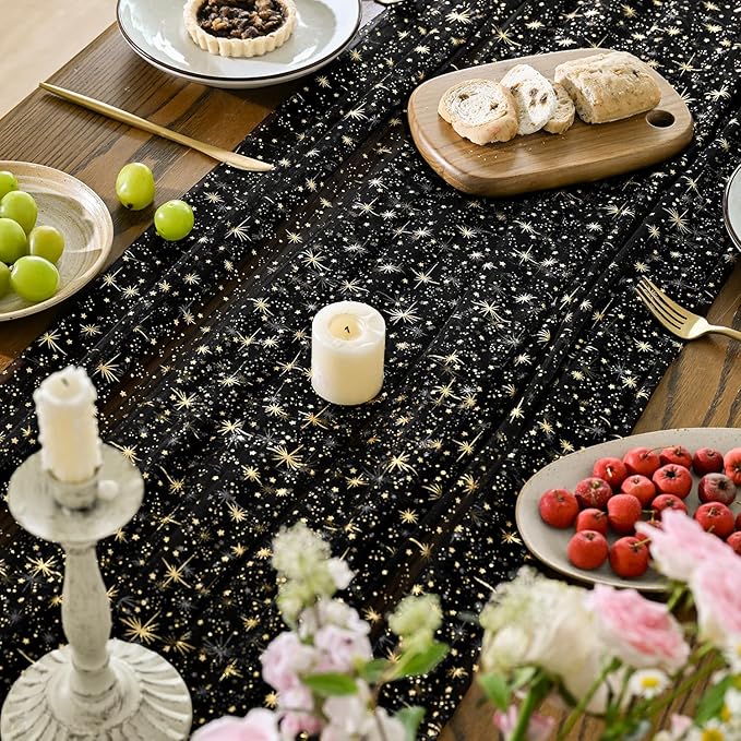 Horaldaily Black Gold Sparkling Star Gauze Tablecloth 60x84 Inch Rectangular, Golden Star Sequin Glitter Metallic Foil, Sheer Tulle Cheesecloth for Wedding Baby Shower Party