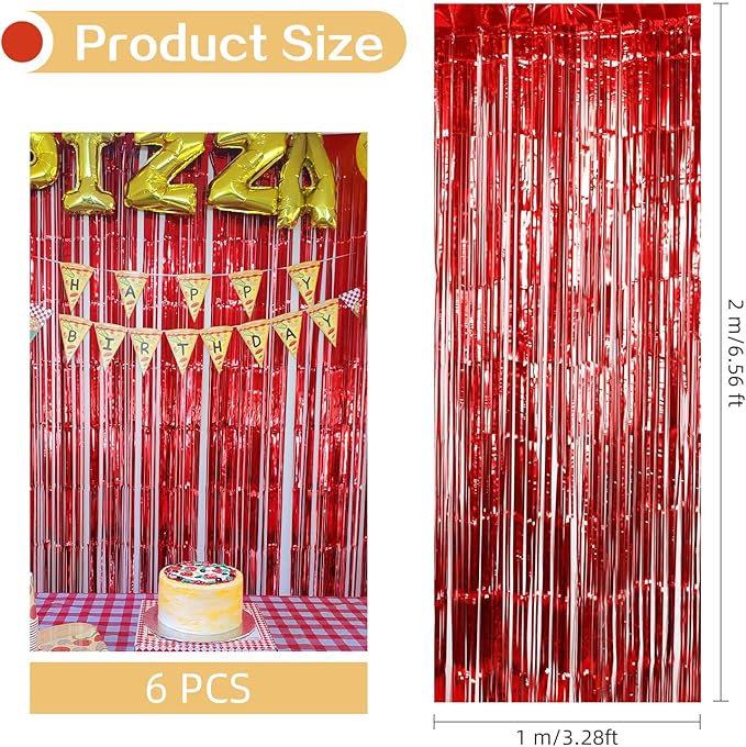 6 Pack Red Foil Curtain Backdrop 3.2ft x 6.6ft Metallic Tinsel Fringe Backdrop Curtains Streamer Photo Booth Backdrop for Birthday Engagement Bachelorette Christmas Holiday Party Decorations