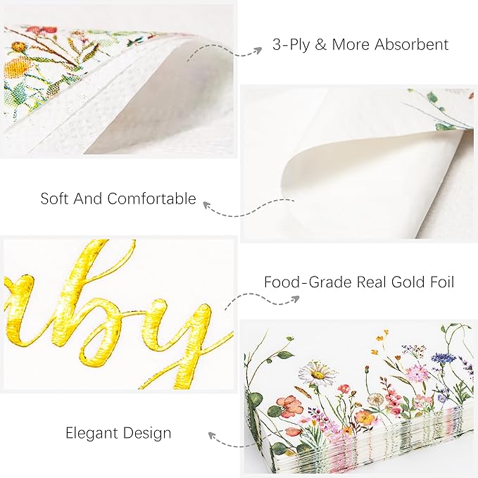 Crisky 3-Ply Engagement Napkins Floral Gold Foil She Said Yes Paper Disposable Napkins for Bachelorette/Engagement/Bridal Shower Party Decoration, 50 Counts