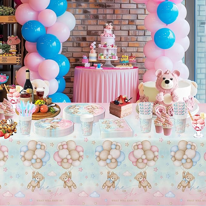 Bear Gender Reveal Decorations Party Tableware - Bear Boy Or Girl Gender Reveal Supplies, Paper Plate, Cup, Napkin, Disposable Fork, He Or She Gender Reveal Table Decorations | Serve 24