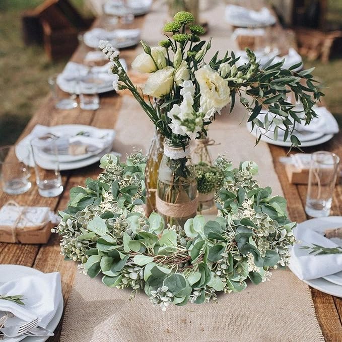Ouddy Decor 2 Pack Eucalyptus Garland Total 13.1 Ft Lush Silver Dollar Leaves Boxwood with White Buds Artificial Faux Greenery Vines for Baby Shower Wedding Party Table Runner Room Home Mantle Decor