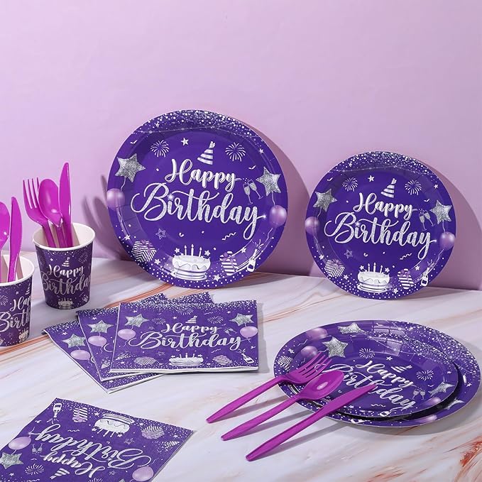 Vesici 171 Pcs Happy Birthday Party Supplies 24 Set Disposable Party Tableware include Plates Cups Napkins Cutlery and Banner Tablecloth Birthday Dinner Decorations for Men Woman(Purple, Silver)