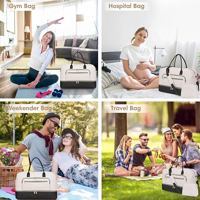 Travel Duffle Bag Weekender for Women - Carry-On Overnight Personal Item Bags with Shoe Compartment & Wet Pocket Large Weekend Tote with Toiletry Bag Hospital Bags for Labor and Delivery