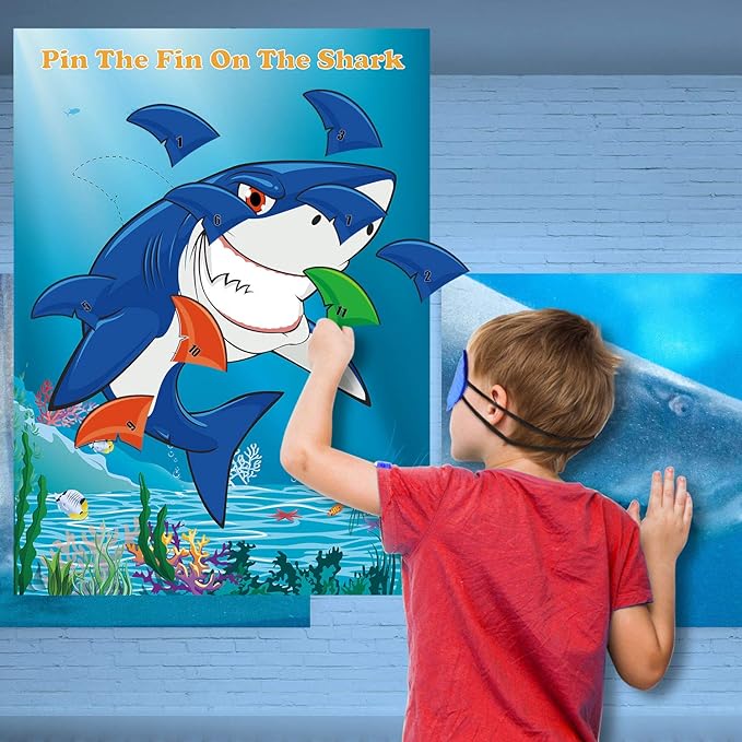 FEPITO Pin The Fin on The Shark Game with 24 Pcs Fins for Shark Birthday Party Decoration, Party Supplies