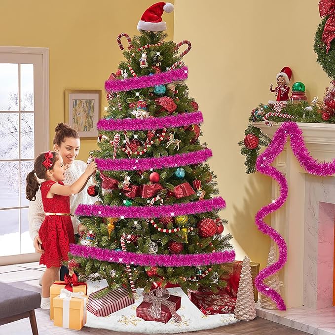 25 Feet Christmas Tinsel Garland, Metallic Twist Garland Wall Hanging Tinsel Garland Backdrop for Parade Floats, Carnival, Birthday, Wedding, New Year Party Decorations (Fuchsia, 4in x 25ft)