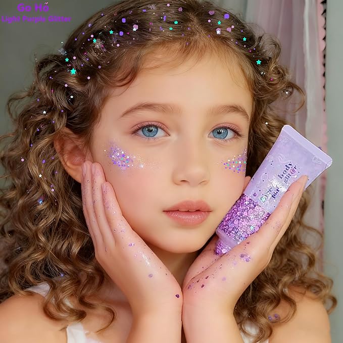 Go Ho Light Purple Face Body Glitter - Party Flash Festival Rave Outfits for Women&Kids,Holographic Glitter Face Paint,Halloween Mermaid Fairy Makeup Chunky Sequins Gel,Rave Pride Accessories