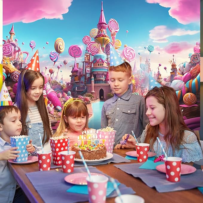5x3ft Candyland Backdrop Fantasy Pink Castle Sweet Candy Photography Background Girls Birthday Candyland Theme Party Decorations Banner Photo Studio Props