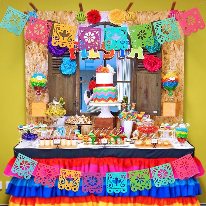 2 Mexican Fiesta Party Decorations Banners, Felt Cinco de Mayo Decorations Banner, Day of The Dead Decor Papel Picado Banner, Dia De Los Muertos Garlands, Fiesta Birthday Baby Shower Flags