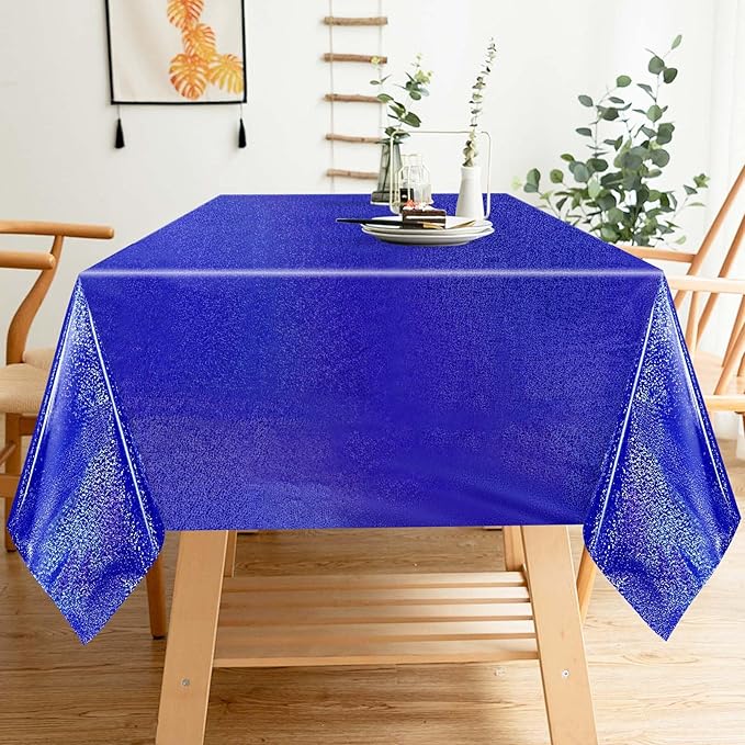 2 Pack Blue Iridescent Plastic Tablecloth Disposable 54 × 108 Inch Glitter Holographic Foil Table Cloth Plastic Laser Rectangle Table Cover for Birthday Wedding Disco Party
