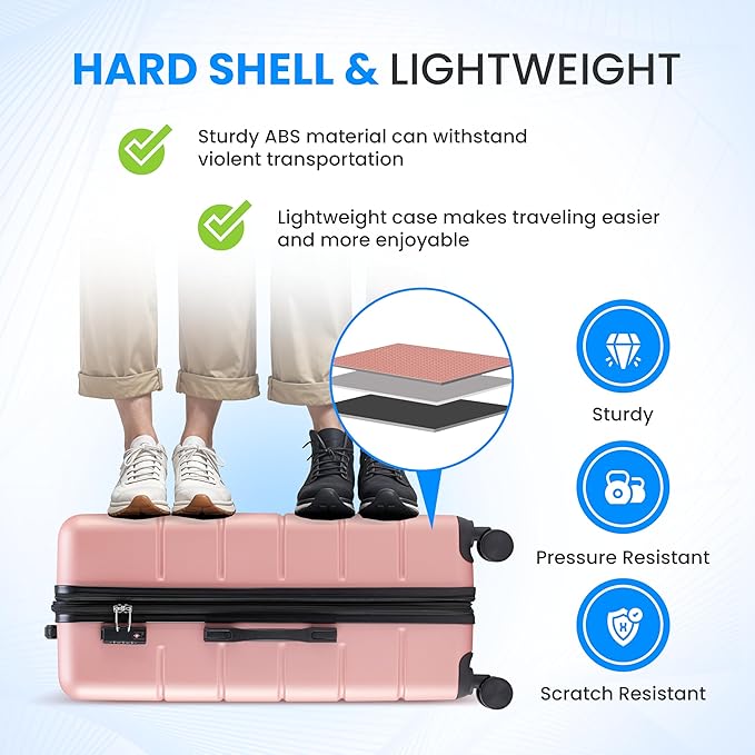 Simple Deluxe 20 Inch Expandable Hardside Carry On with Spinner Wheels & TSA Lock, ABS Hard Shell Lightweight Rolling Luggage Suitcase, Pink