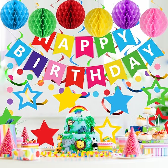 meowtastic Birthday Decorations, Happy Birthday Banner with Honeycomb Balls, Stars Hanging Swirls Streamers, Circle Dots Garland, Happy Birthday Party Decorations for Women Men Boys Girls (Rainbow)