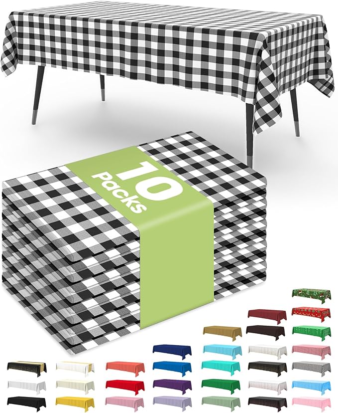 Pureegg Plastic Table Cloth Disposable 10 Pack, 54 x 108 Inch Table Cloths, Party, Picnic, Decorative Gingham Tablecloths, Rectangle, Black and White Checkered Cover, Leakproof & Sturdy, Black Plaid