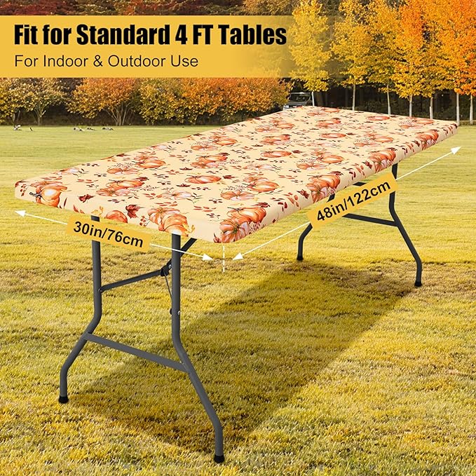 Smiry 2 Pack Rectangle Thanksgiving Table Cloth, Waterproof Elastic Fitted Tablecloths, Washable Polyester Rectangular Patio Table Cover for Autumn Harvest Parties (Pumpkin Leaf, 30"x48")