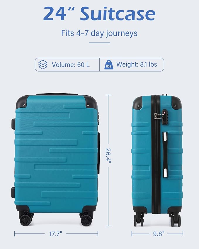 Coolife Hardside Checked Luggage with TSA Lock, Spinner Wheels, Telescopic Handle, Lightweight Suitcase (Grey, M(24in))
