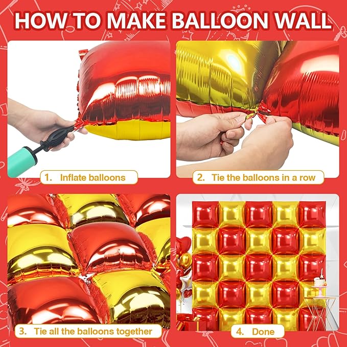 NISOCY 25PCS Christmas Balloons Red Gold Square Foil Balloons Wall Backdrop Metallic Double Sided Red Gold Balloons Tunnel Arch Kit for Valentine's Day Wedding Birthday Engagement Party Decorations