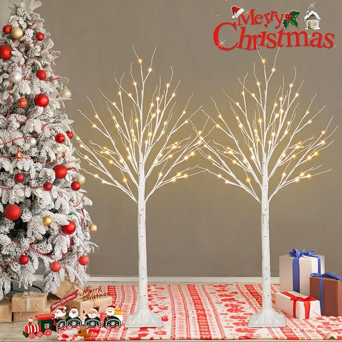 2-Pack 4FT Lighted Birch Tree for Indoor Christmas Decorations Outdoor, Higher Size, Timer Function Birch Christmas Tree with 96 LED Warm White Lights for Home Decor Bedroom Thanksgiving Party Garden
