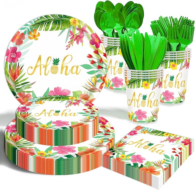 Hawaiian Luau Party Decorations Supplies - 175 PCS Aloha Tropical Birthday Party Decorations Disposable Dinnerware Set (25 Guest) With Paper Plates Napkin Cup for Summer Beach Themed Pool