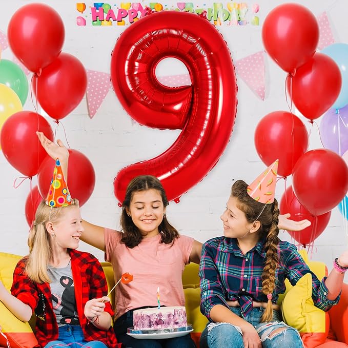 Red Number 9 Balloon 40 Inch, Big Large Foil Helium Number Balloons, Jumbo Giant Mylar Number 9 Balloons for 9 Year Old Birthday Red Party Decorations Supplies Anniversary