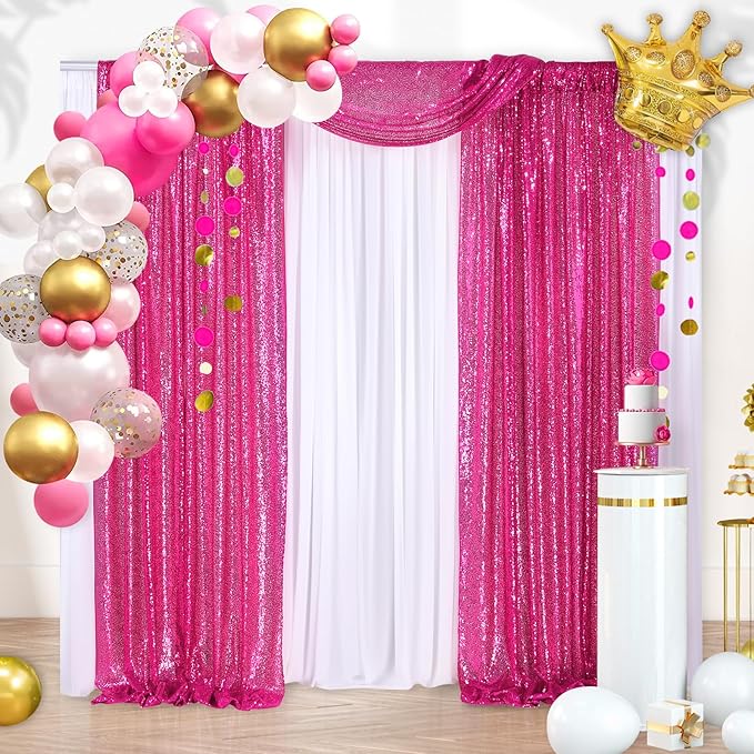 B-COOL Fuchsia Sequin Backdrop Curtains Hot Pink Glitter Backdrop 2 Panels 2ftx8ft Girls Party Backdrop Fabric for Sweetheart Birthday Wedding Party Decorations