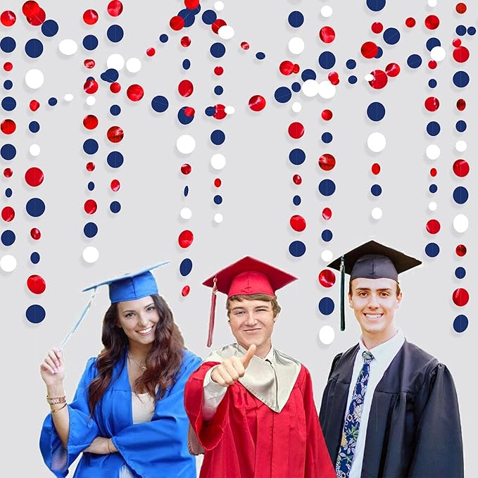 46 Ft Navy Blue Red White Circle Dots Garlands Royal Blue Red Hanging Paper Polka Dots Streamer for 4th of July American Independence Day USA National Day Patriotic Veterans Party Decorations Supplies