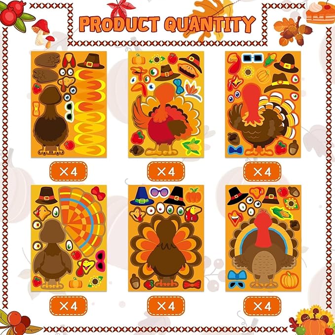 Turkey Stickers 24 PCS Thanksgiving Stickers for Kids, Make Your Own Turkey Sticker Sheets for Thanksgiving Party Favors DIY Crafts Sticker Classroom Teacher Reward