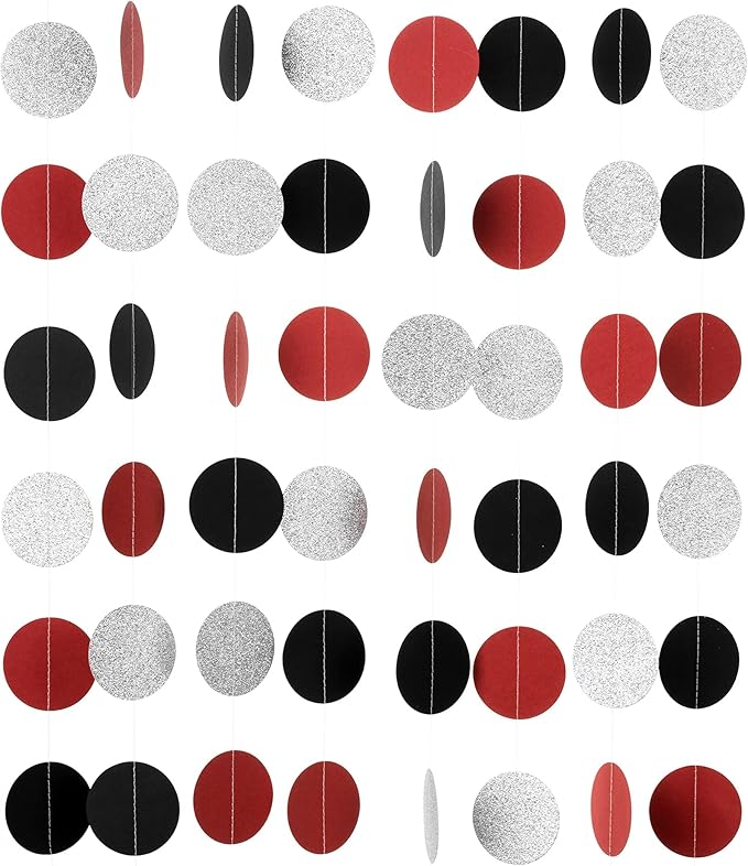 WEVEN Red Black Silver Glitter Paper Garland Circle Dot Streamer Party Banner Backdrop Hanging Decorations, 2.5" in Diameter, 20 Feet in Total