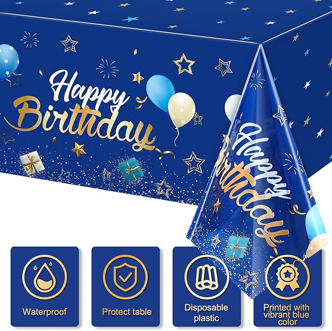 Tegeme Navy Blue Party Supplies Stars Happy Birthday Tablecloths Starry Confetti Table Covers for Kids Boys Girls Baby Shower Birthday Party Decorations(Navy Blue and Gold,3 Pack)