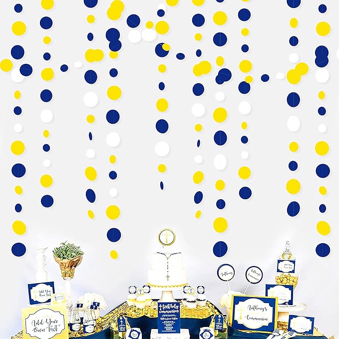 46Ft Navy Blue and Yellow Circle Dots Garland Royal Blue Yellow White Hanging Paper Polka Dot Streamer for Graduation Birthday Wedding Bridal Baby Shower Nautical Ahoy Achor Party Decorations Supplies