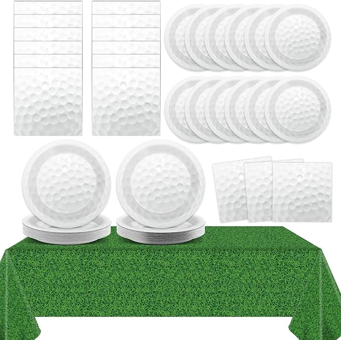 Qyeahkj Golf Party Supplies Serves 24 Golf Ball Party Paper Plates and Napkins Green Grass Plastic Tablecloth Set Sports Themed Tableware Kit for Birthday Decoration Baby Shower Decor