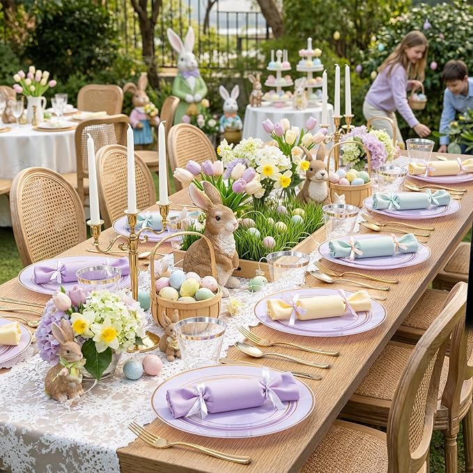 350PCS Purple Plates Disposable - Purple Plastic Plates 50Guests Lavender Disposable Dinnerware Sets with Rolled Napkins for Wedding/Birthday/Baby Shower/Easter