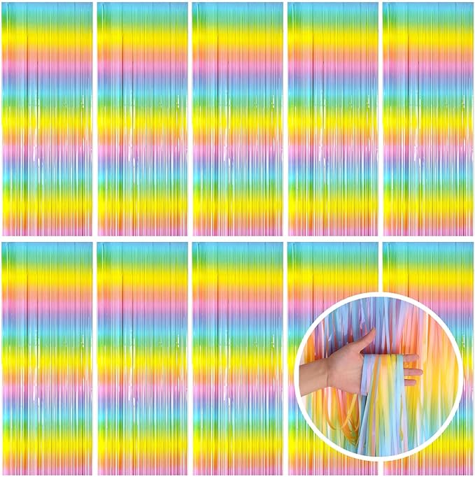 Pastel Rainbow Foil Fringe Curtain Streamers Party Backdrop Foil Fringe Backdrop Curtains Tinsel Streamers for Birthday Party Decorations