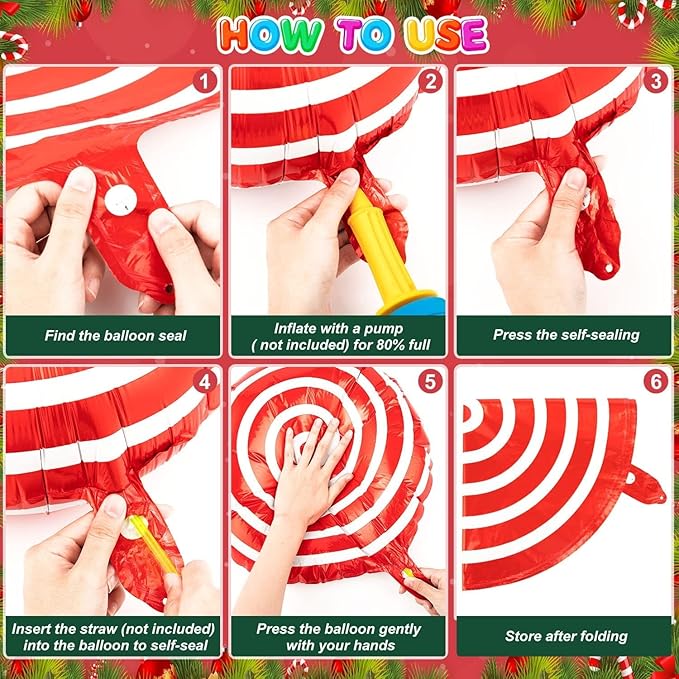 72Pcs Christmas Balloons Kit, Cane Candy Foil Balloons with Ribbons, Red Green Mylar Balloon for Party Decorations
