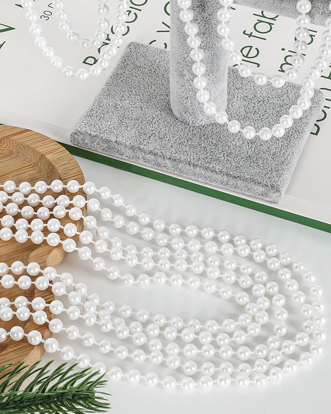 12 Pcs Bead Necklace, 33 In White Pearl Beads Necklaces Bulk for Holiday, Metallic Beaded Necklaces for Mardi Gras Party Favors Wedding Birthday Festive Parade Throws Accessories Supplies Decor