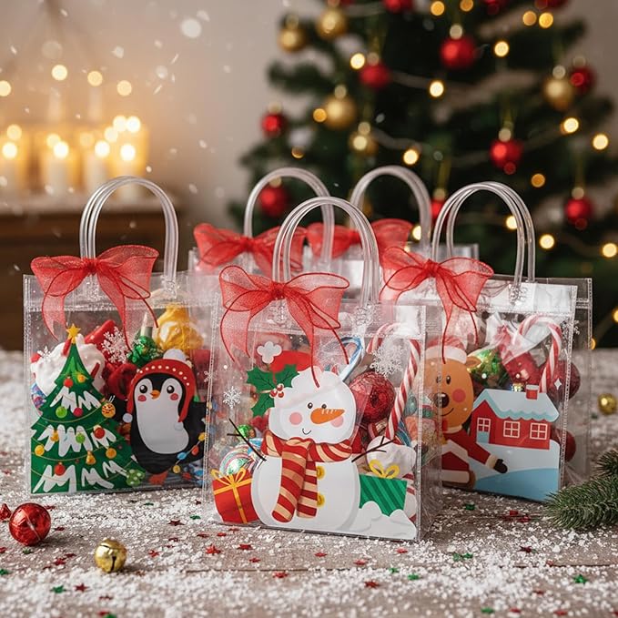 Henoyso 12 Pcs Christmas Clear Gift Bags Plastic Candy Treat Goodie Bags Red Foil Santa PVC Wrap Totes with Handles and Ribbon Xmas Party Favors (Santa and Snowman,7.8 x 7.8 x 3.1 Inch)