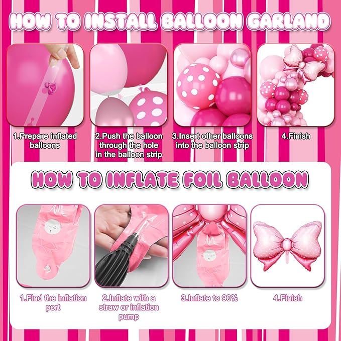 Pink 4th Birthday Balloons Decorations, Hot Pink Rose Polka Dots Balloon Arch Kit, Huge Bow Foil Balloons, pink Number 4 Balloon Tower for Baby Shower Girls Princess 4th Theme Party