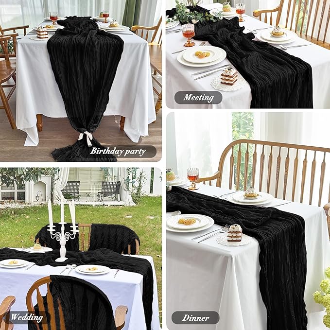 IVAPUPU 2 Pcs Cheesecloth Table Runner - 10ft Black Easter Spring Boho Gauze Black Cheese Cloth Table Runners for Indoor Baby Shower Decoration Wedding Party Garden Decor