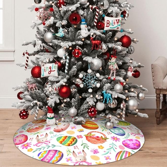Easter Eggs Bunny Tree Skirt Xmas Tree Mat Christmas Tree Ornaments Decorations Holiday Party Indoor Outdoor 36"