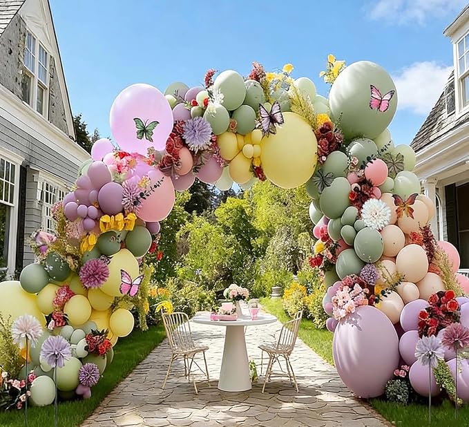 Green Pink Purple Balloon Arch Double Stuffed Pink Yellow Sand White Balloon Garland with Bionic Flower Leaf Butterfly Stickers for Spring Birthday Garden Wildflower Baby Shower Easter Party Decor
