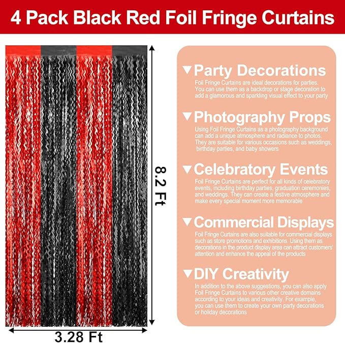 4 Pack Black Red Wave Foil Fringe Curtain Backdrop, 3.28Ft x 8.2Ft Metallic Tinsel Foil Fringe Streamer Curtains for Photo Booth, Mother's Day, Easter, Birthday, Wedding Party Decoration