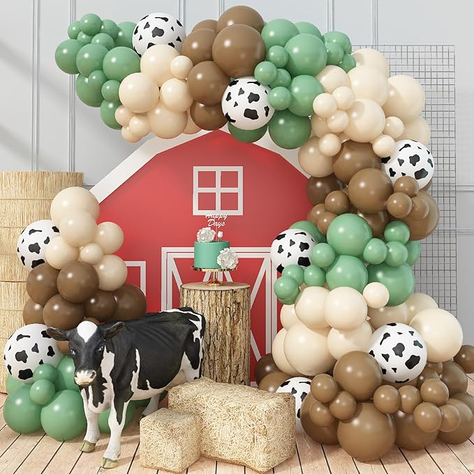 Green and Brown Balloon Arch Garland Kit, Cow Print Balloon Arch Kit Western Retro Olive Sage Green Coffee Brown Beige White Sand Latex Balloons for Cowboy Farm Cowgirl Rodeo Birthday Decor