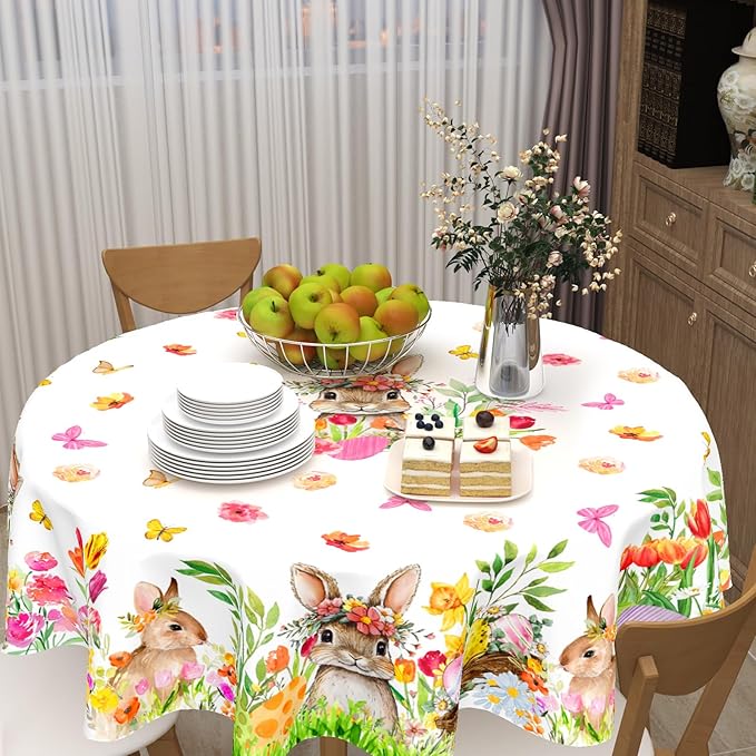 Spring Easter Tablecloth Round 60 Inch Green Bunny Easter Table Cloth Farmhouse Pink Floral Table Cover for Kitchen Dinner Room Holiday Party Indoor Outdoor Home Decor