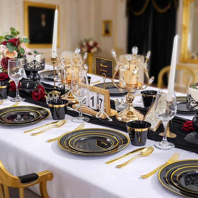 WELLIFE 600 PCS Black and Gold Disposable Dinnerware Set for 100 Guests, Gold rimmed Plastic Dinner Plates,Salad Plates,Cups,Silverware Set for New Year Party Supplies